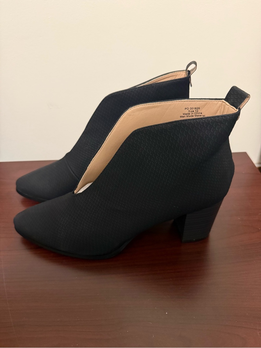 Textured Black V-Cut Ankle Booties with Block Heel